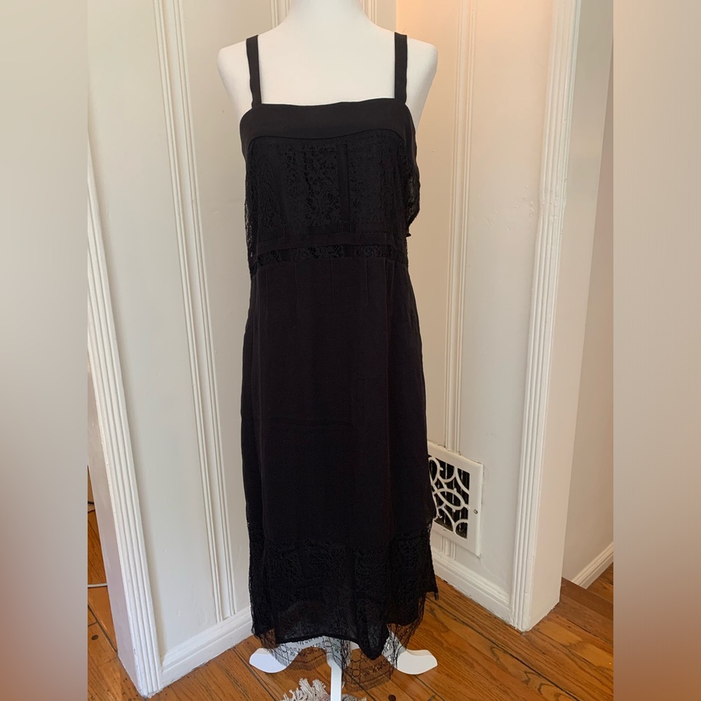 Jenni Kayne Black Silk Boho Midi Dress with Lace Detail (Sz XS)